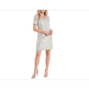 CeCe Champagne Sequin V-Neck Midi Short Sleeve Dress L